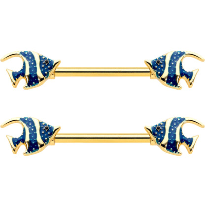 14G 9/16 Gold Tone Blue Stripe Adorable Angelfish Nipple Ring Set