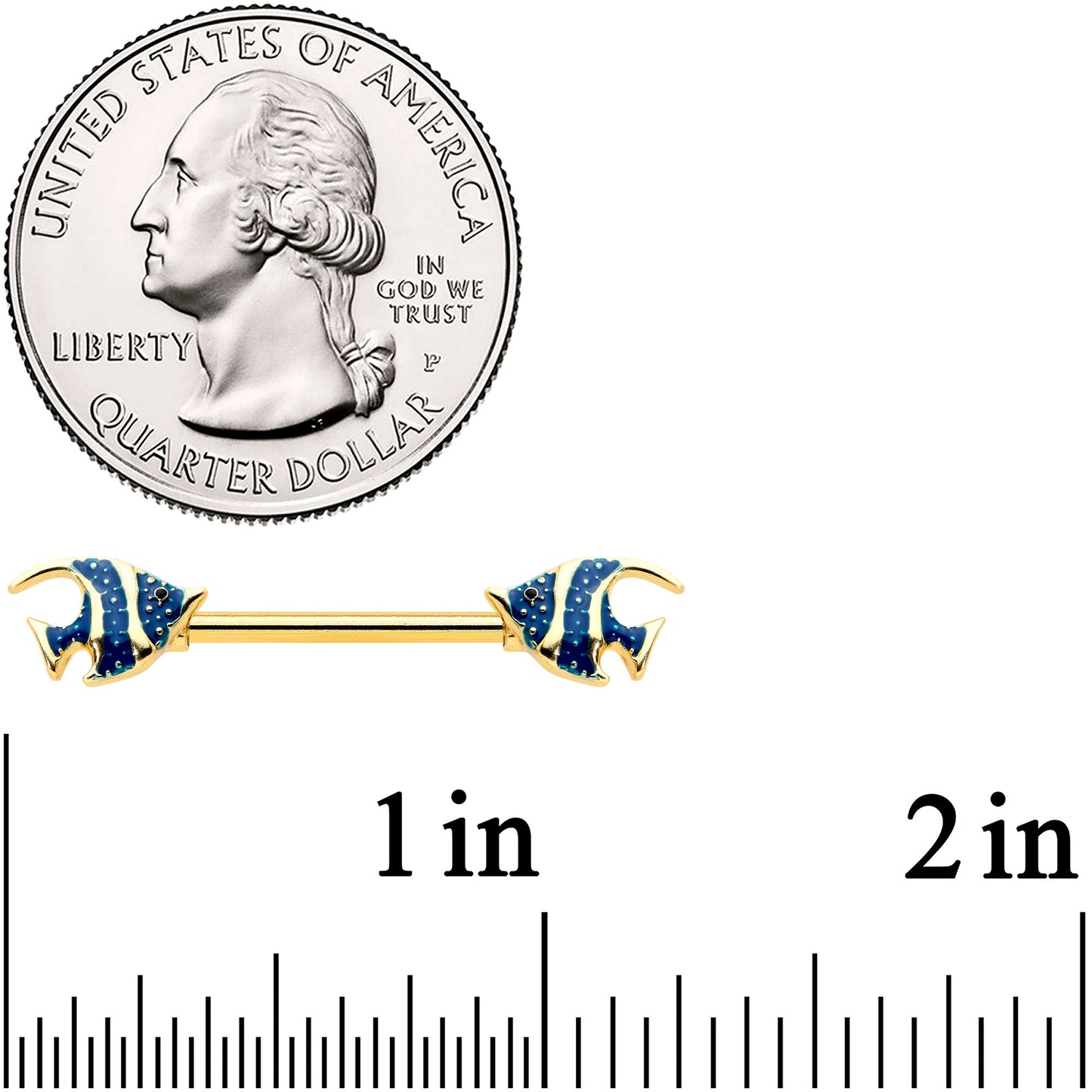 14G 9/16 Gold Tone Blue Stripe Adorable Angelfish Nipple Ring Set