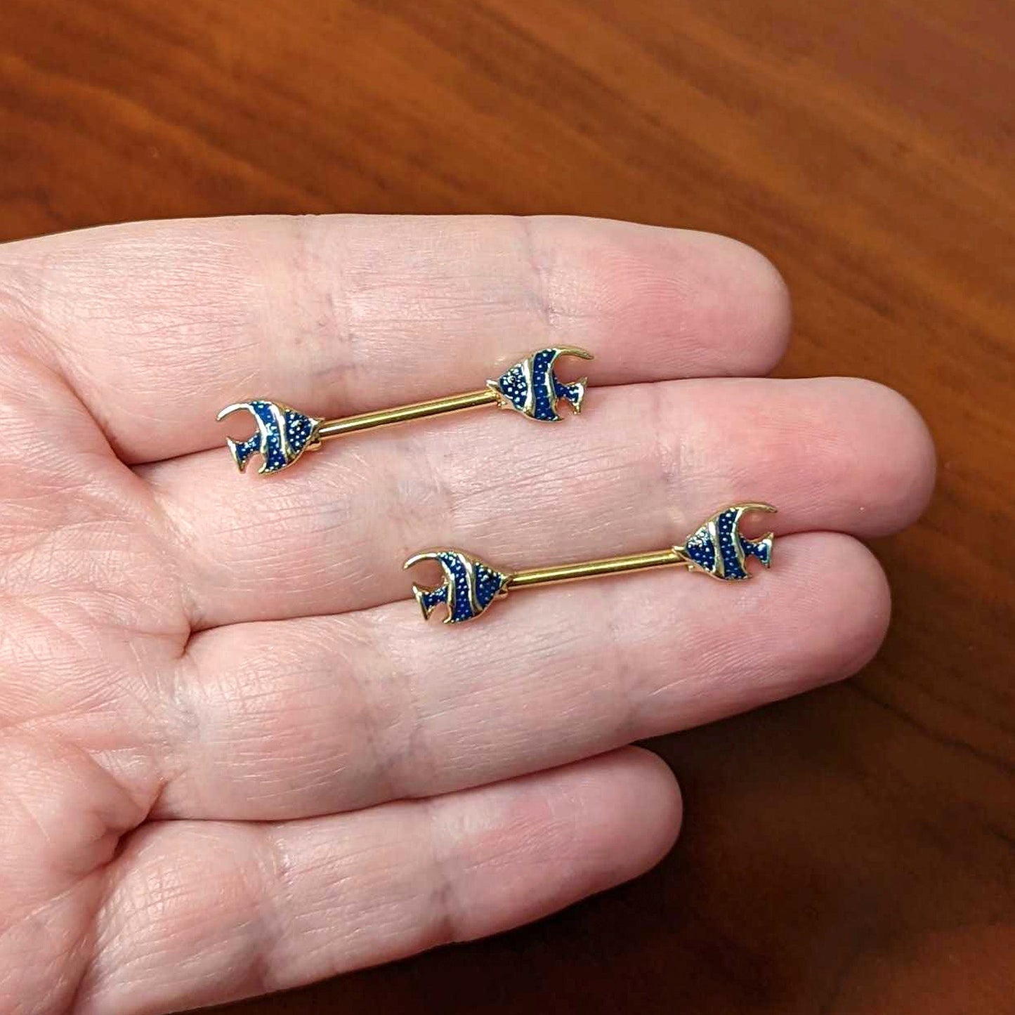 14G 9/16 Gold Tone Blue Stripe Adorable Angelfish Nipple Ring Set