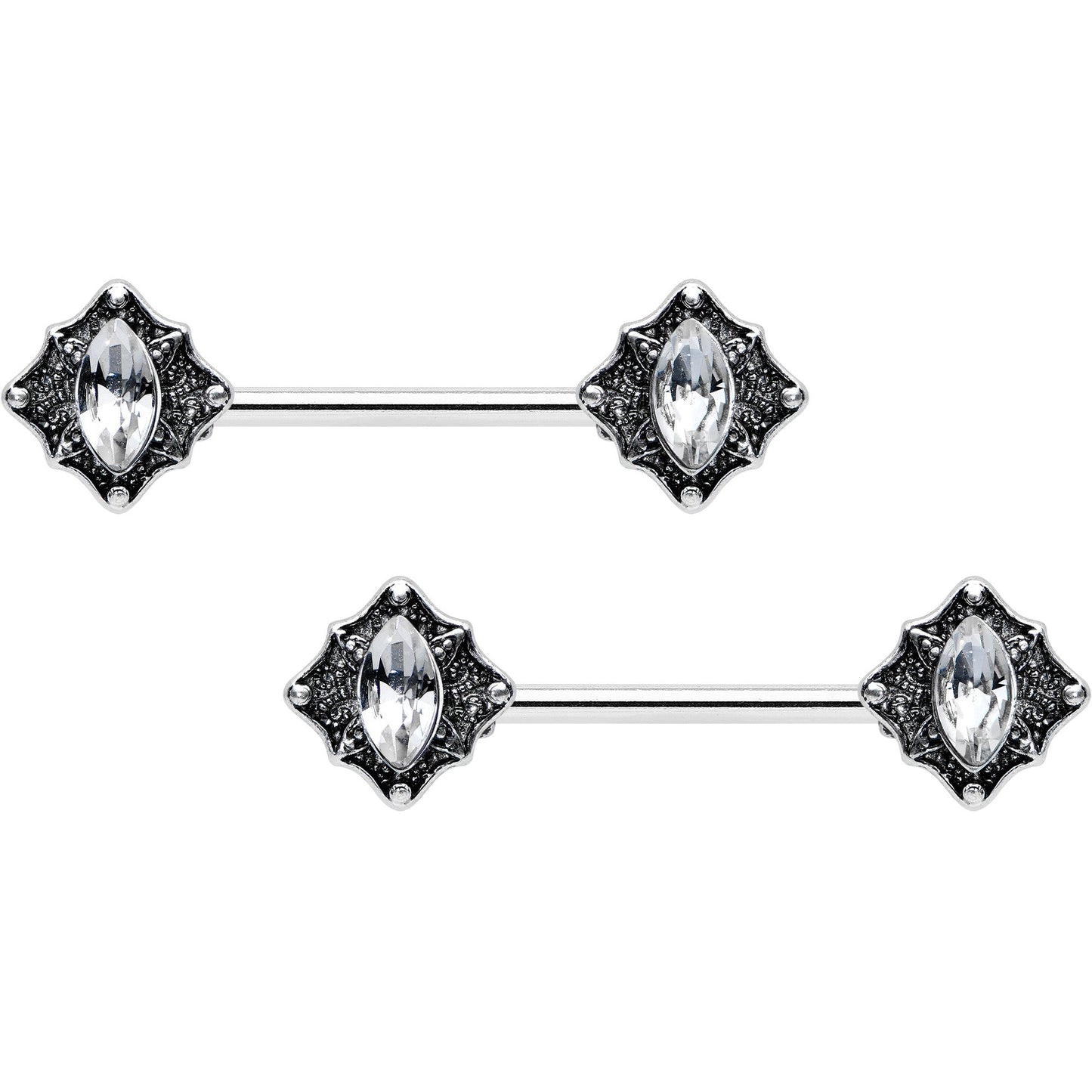 14G 9/16 Clear Gem Rhombus Retro Barbell Nipple Ring Set