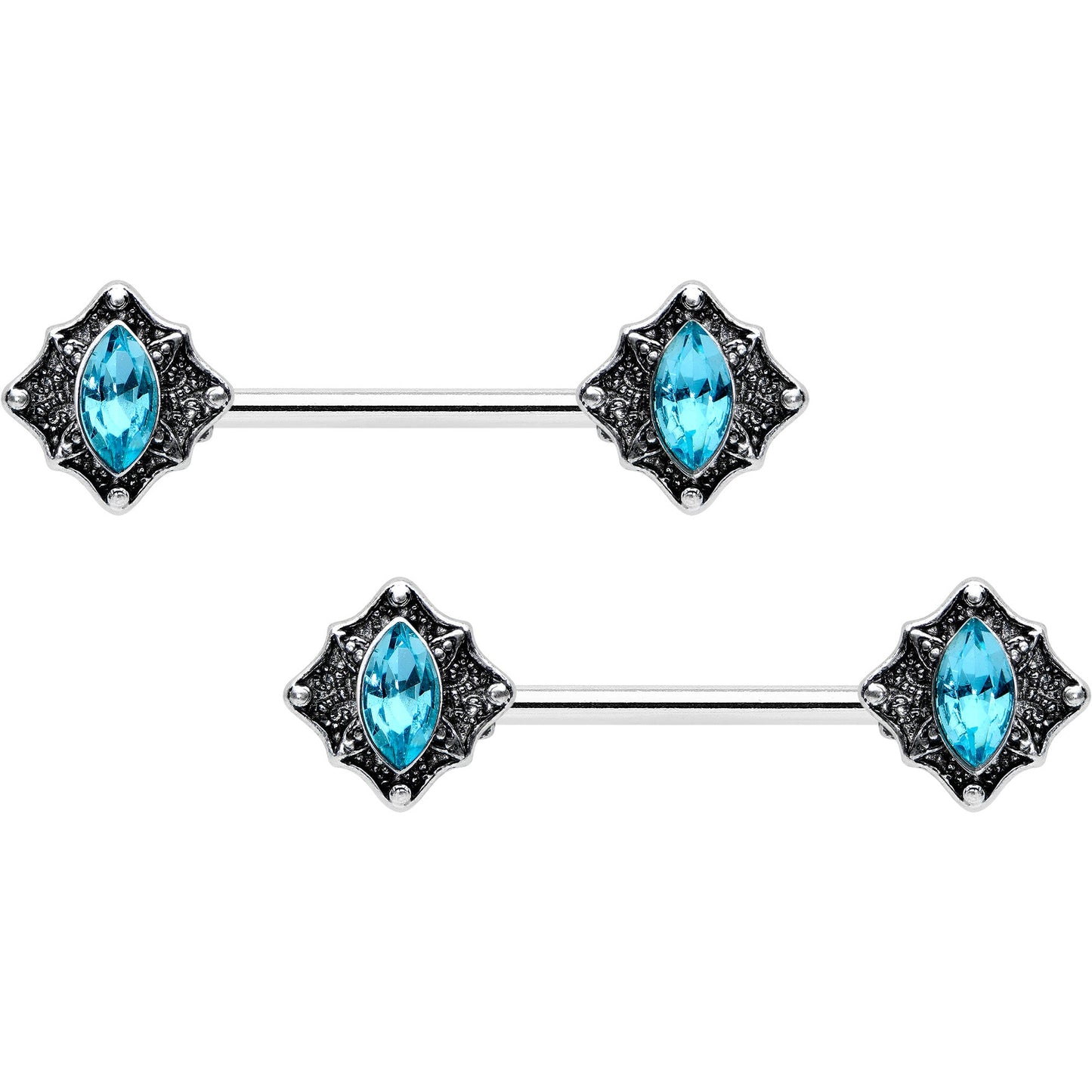 14G 9/16 Blue Gem Rhombus Retro Barbell Nipple Ring Set