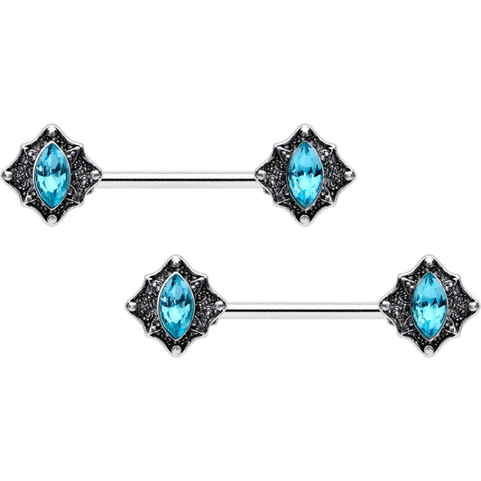 14G 9/16 Blue Gem Rhombus Retro Barbell Nipple Ring Set