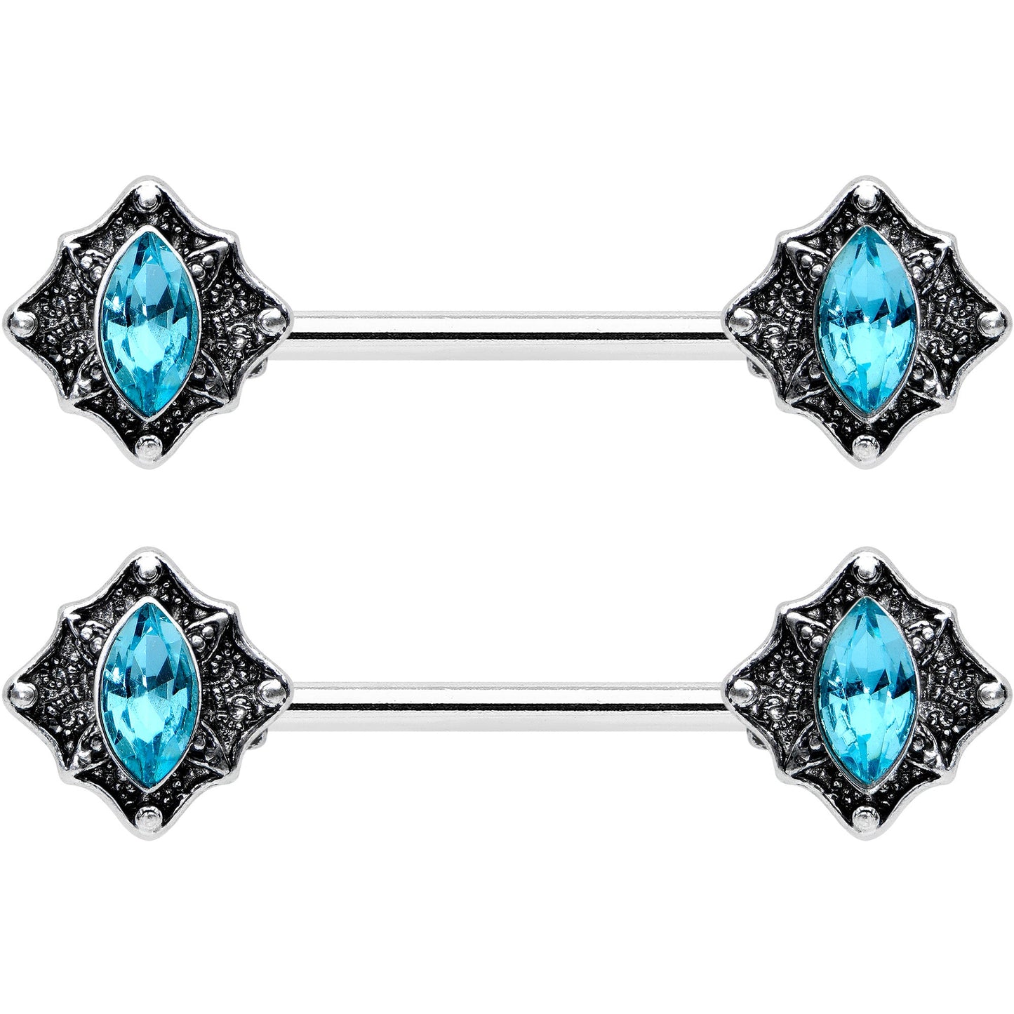 14G 9/16 Blue Gem Rhombus Retro Barbell Nipple Ring Set