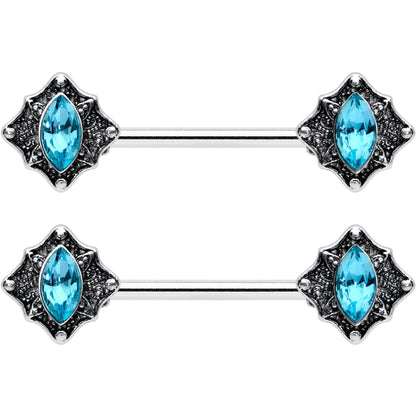14G 9/16 Blue Gem Rhombus Retro Barbell Nipple Ring Set