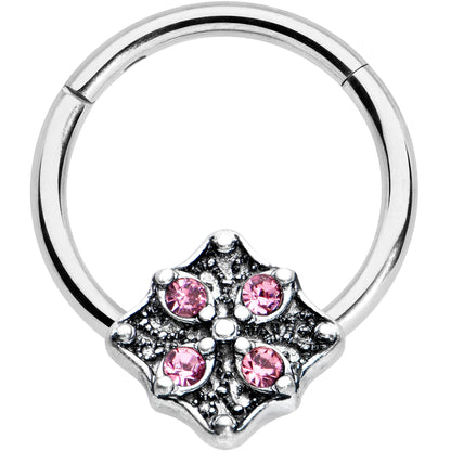 16G 3/8 Pink Gem Floral Rhombus Baroque Hinged Segment Ring