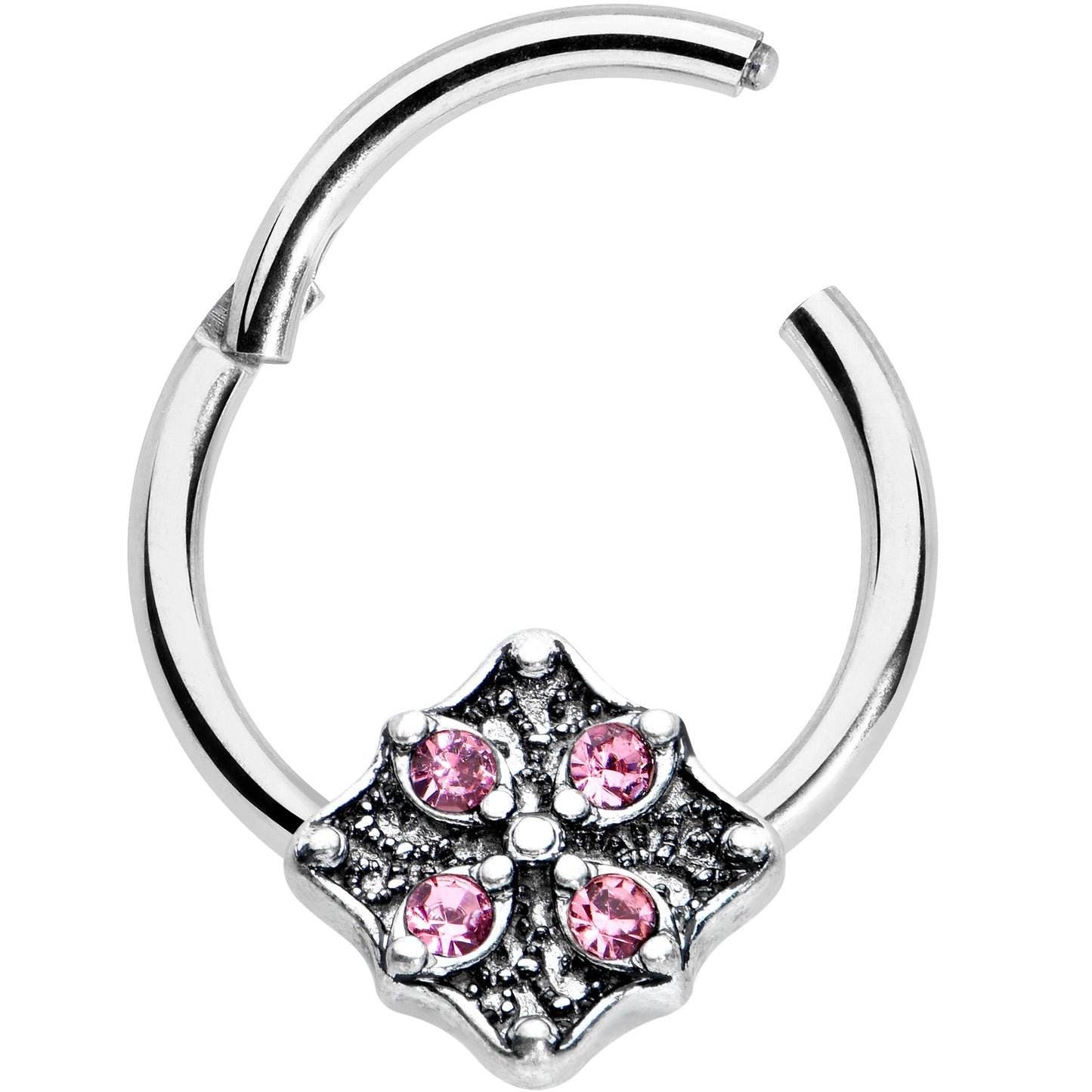 16G 3/8 Pink Gem Floral Rhombus Baroque Hinged Segment Ring