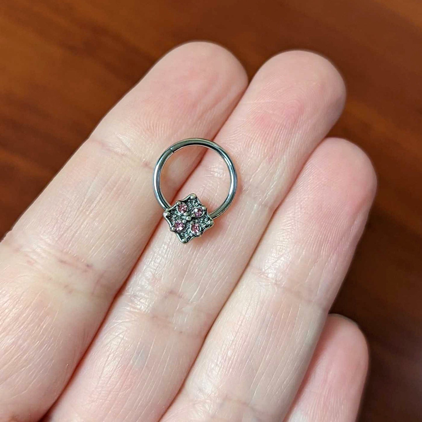 16G 3/8 Pink Gem Floral Rhombus Baroque Hinged Segment Ring