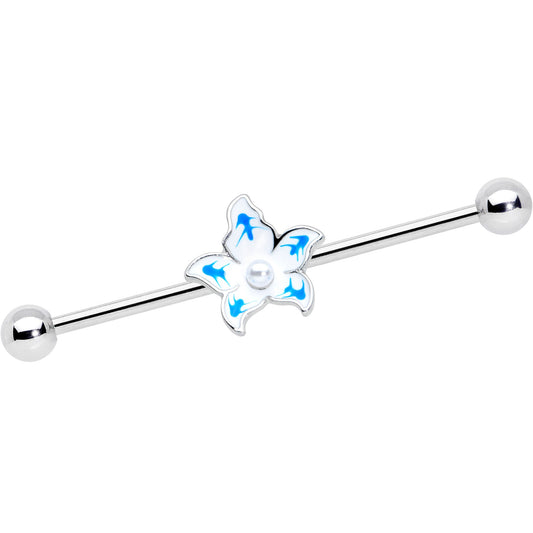14G Pearly White Orb Blue Flower Industrial Barbell 38mm