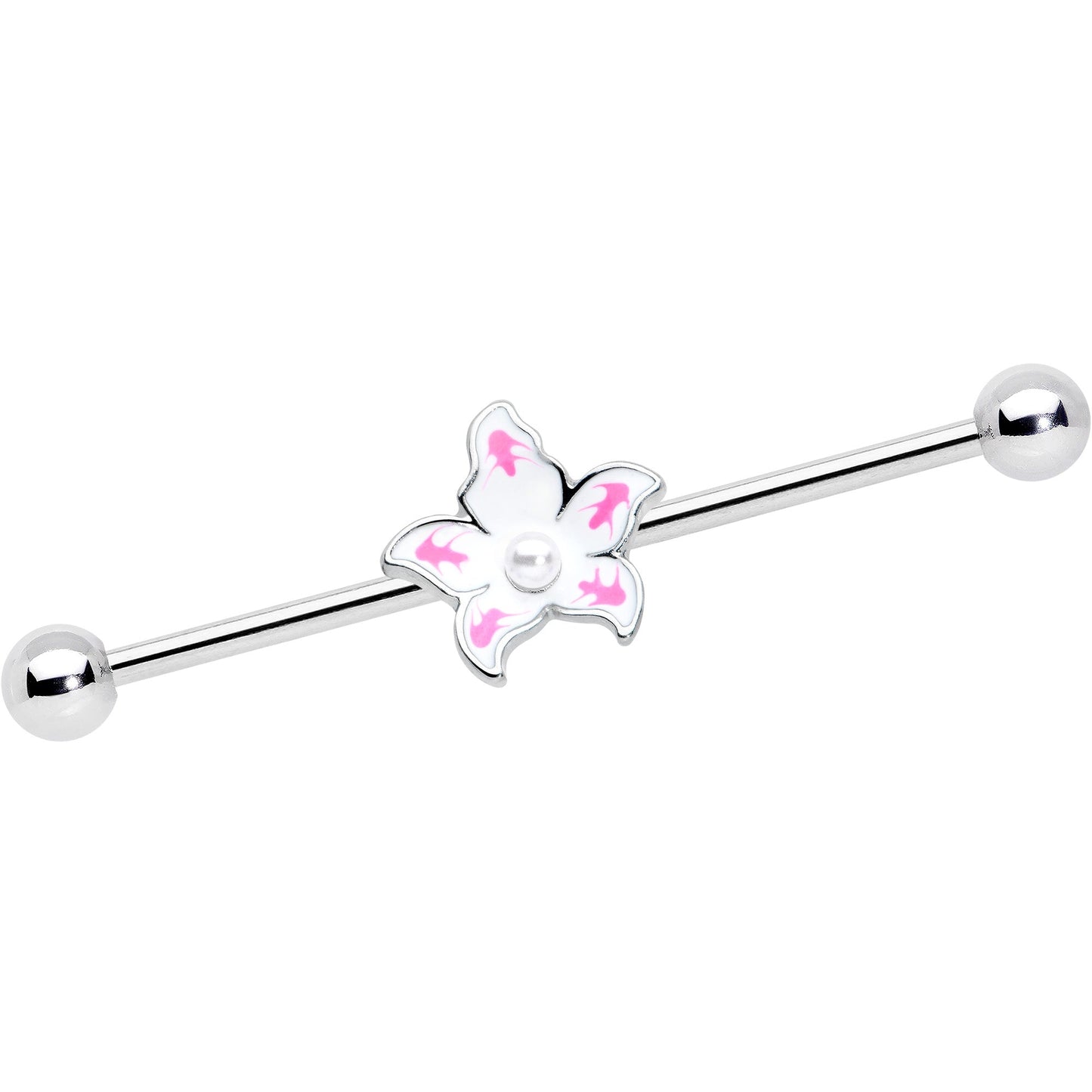 14G Pearly White Orb Pink Flower Industrial Barbell 38mm