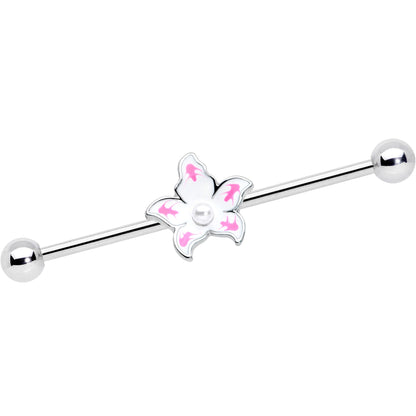 14G Pearly White Orb Pink Flower Industrial Barbell 38mm