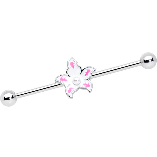 14G Pearly White Orb Pink Flower Industrial Barbell 38mm