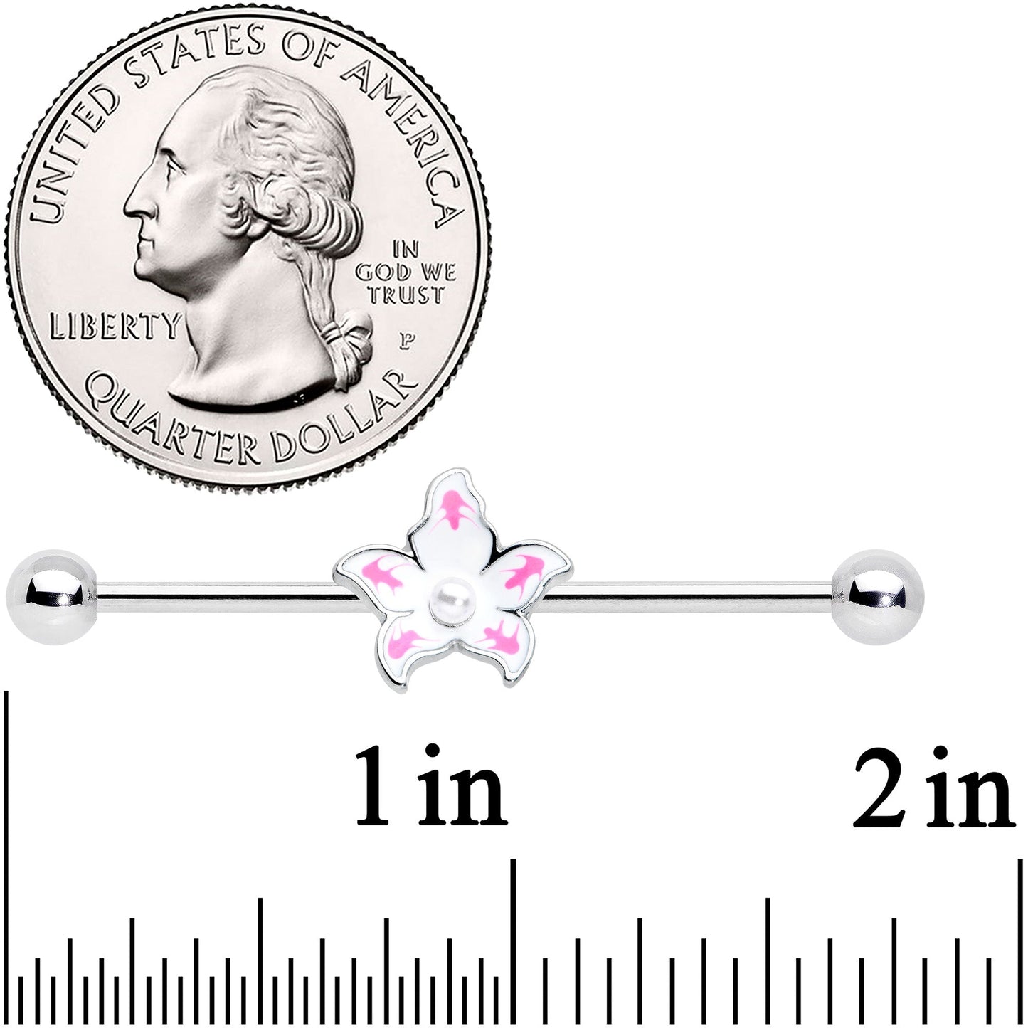 14G Pearly White Orb Pink Flower Industrial Barbell 38mm
