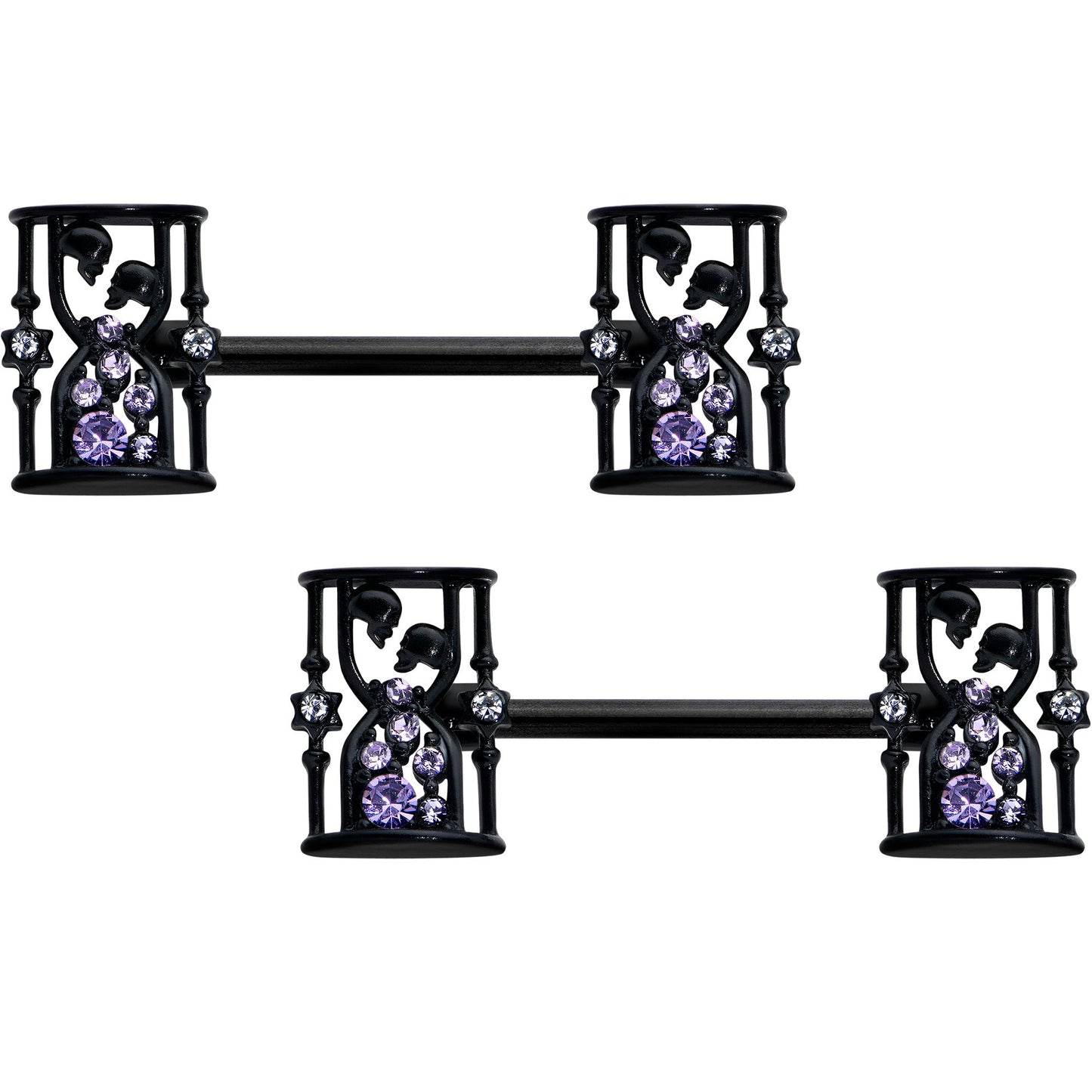 14G 9/16 Clear Purple Gem Black Gothic Hourglass Nipple Ring Set
