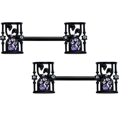 14G 9/16 Clear Purple Gem Black Gothic Hourglass Nipple Ring Set