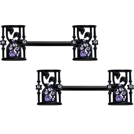 14G 9/16 Clear Purple Gem Black Gothic Hourglass Nipple Ring Set