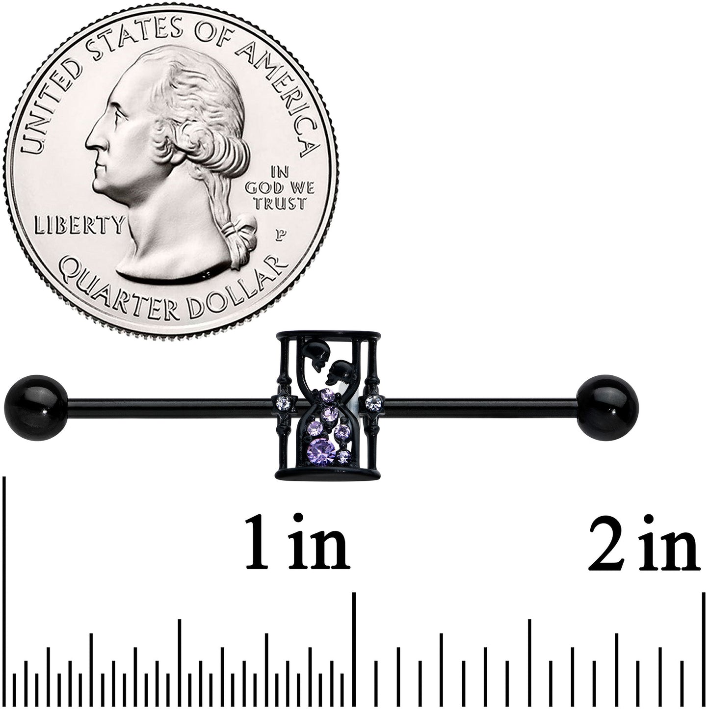 14G Clear Purple Gem Black Goth Hourglass Industrial Barbell 38mm
