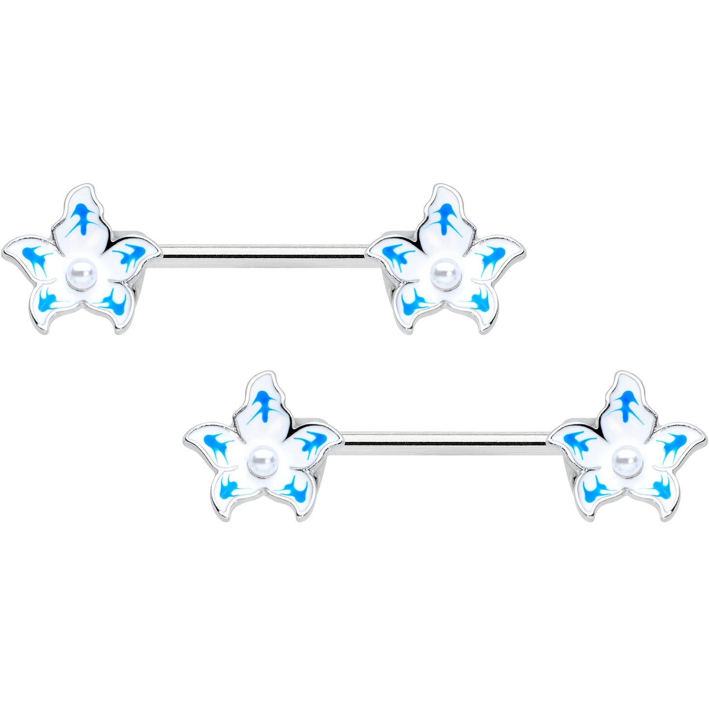14G 9/16 Pearlescent Orb Flower Blue Barbell Nipple Ring Set