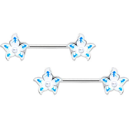 14G 9/16 Pearlescent Orb Flower Blue Barbell Nipple Ring Set