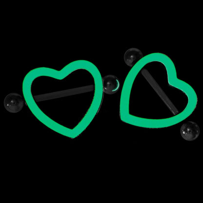 14G 5/8 Black Heart Valentine Glow in the Dark Nipple Shield Set