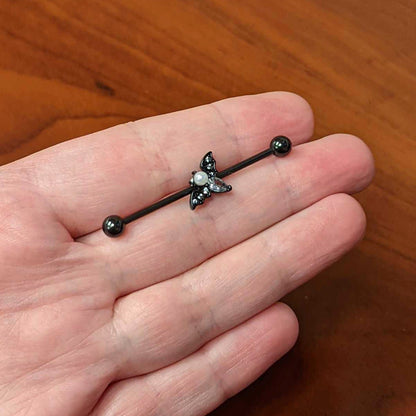 14G Faux Pearl Black Bat Halloween Industrial Barbell 38mm