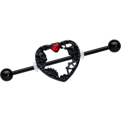 14G Red Gem Black Heart Steampunk Skeleton Industrial Barbell 38mm