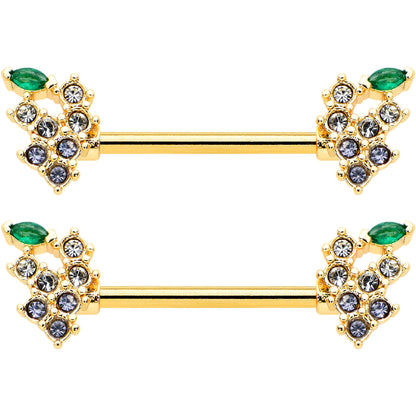 14G 9/16 Clear CZ Gem Gold Tone Bunch Grapes Nipple Ring Set