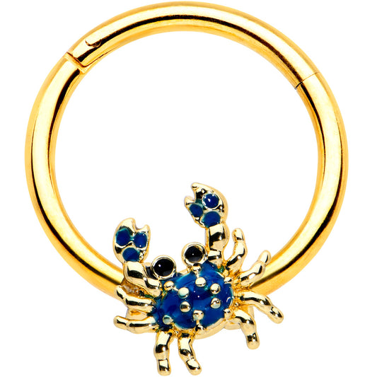 16G 3/8 Gold Tone Blue Crab Nautical Hinged Segment Ring
