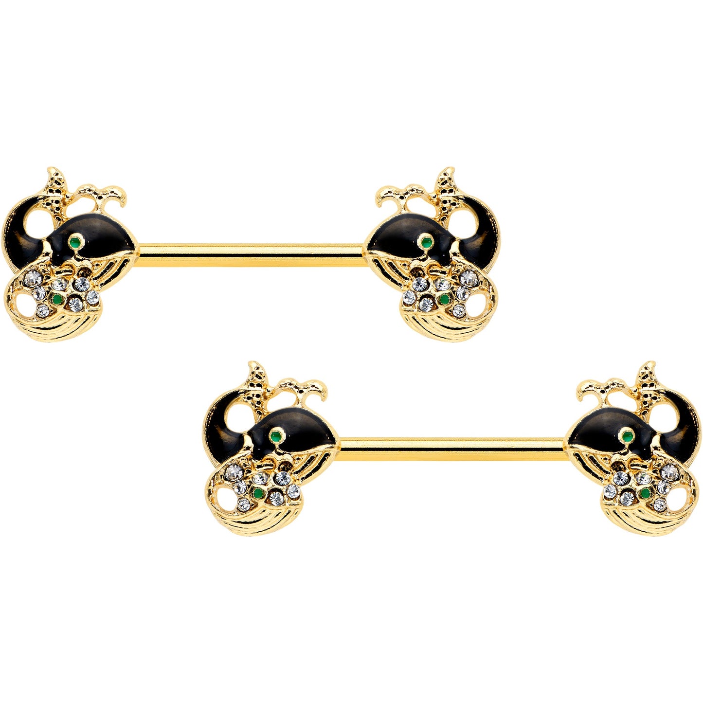 14G 9/16 Clear Gem Gold Tone Mom Baby Whale Nipple Ring Set