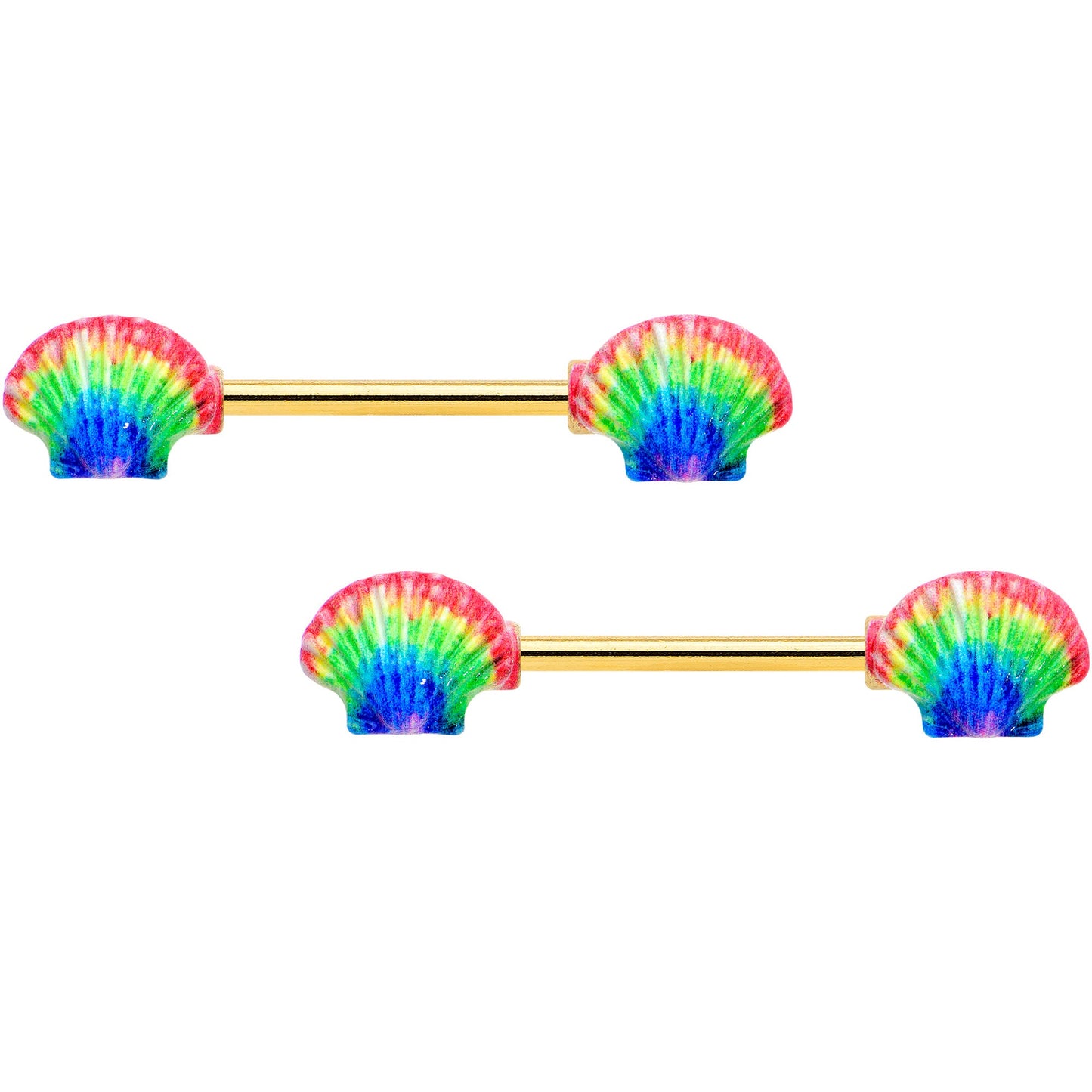 14G 5/8 Gold Tone Rainbow Scallop Shells Barbell Nipple Ring Set