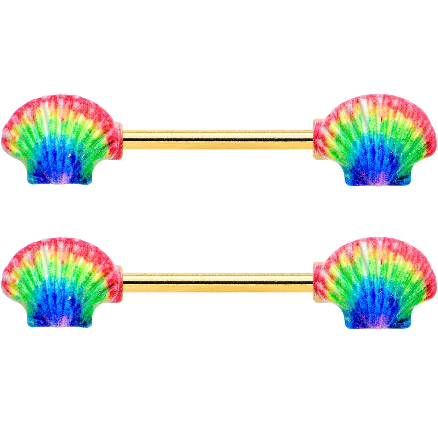 14G 5/8 Gold Tone Rainbow Scallop Shells Barbell Nipple Ring Set