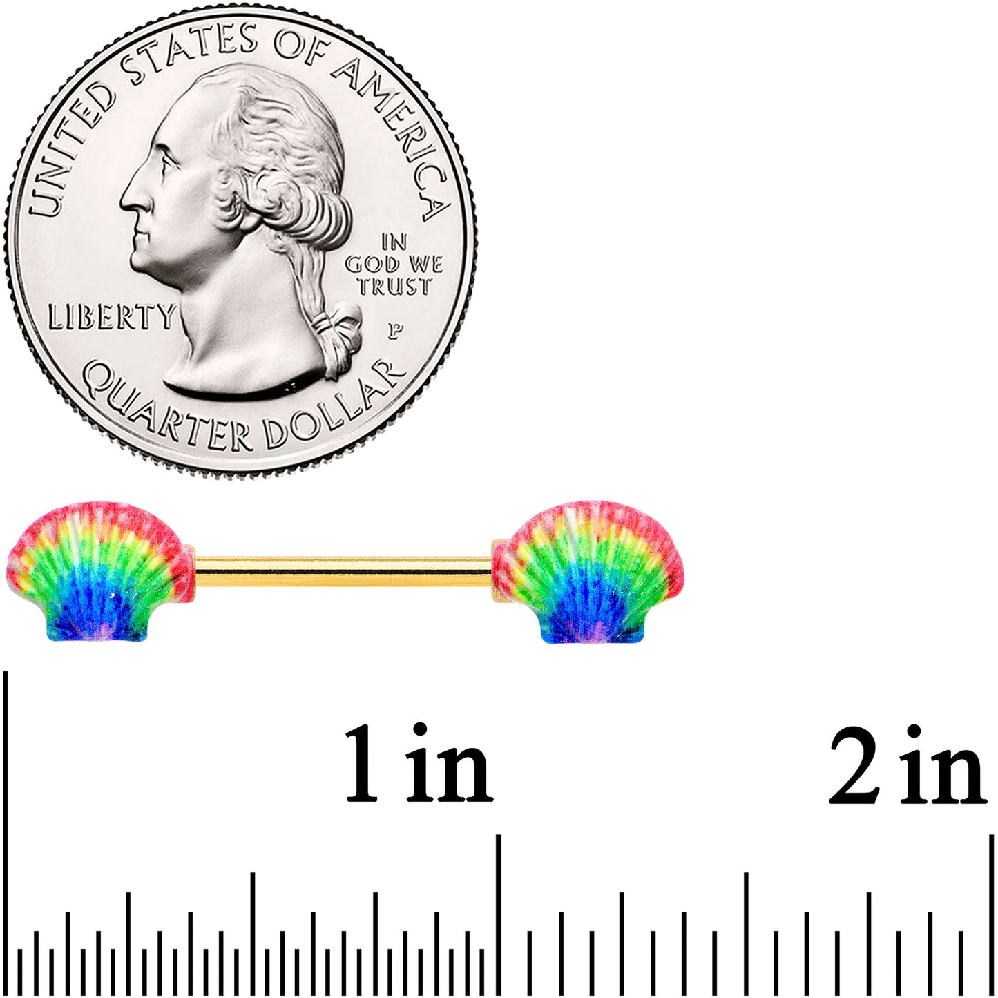 14G 5/8 Gold Tone Rainbow Scallop Shells Barbell Nipple Ring Set