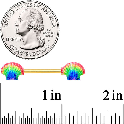 14G 5/8 Gold Tone Rainbow Scallop Shells Barbell Nipple Ring Set