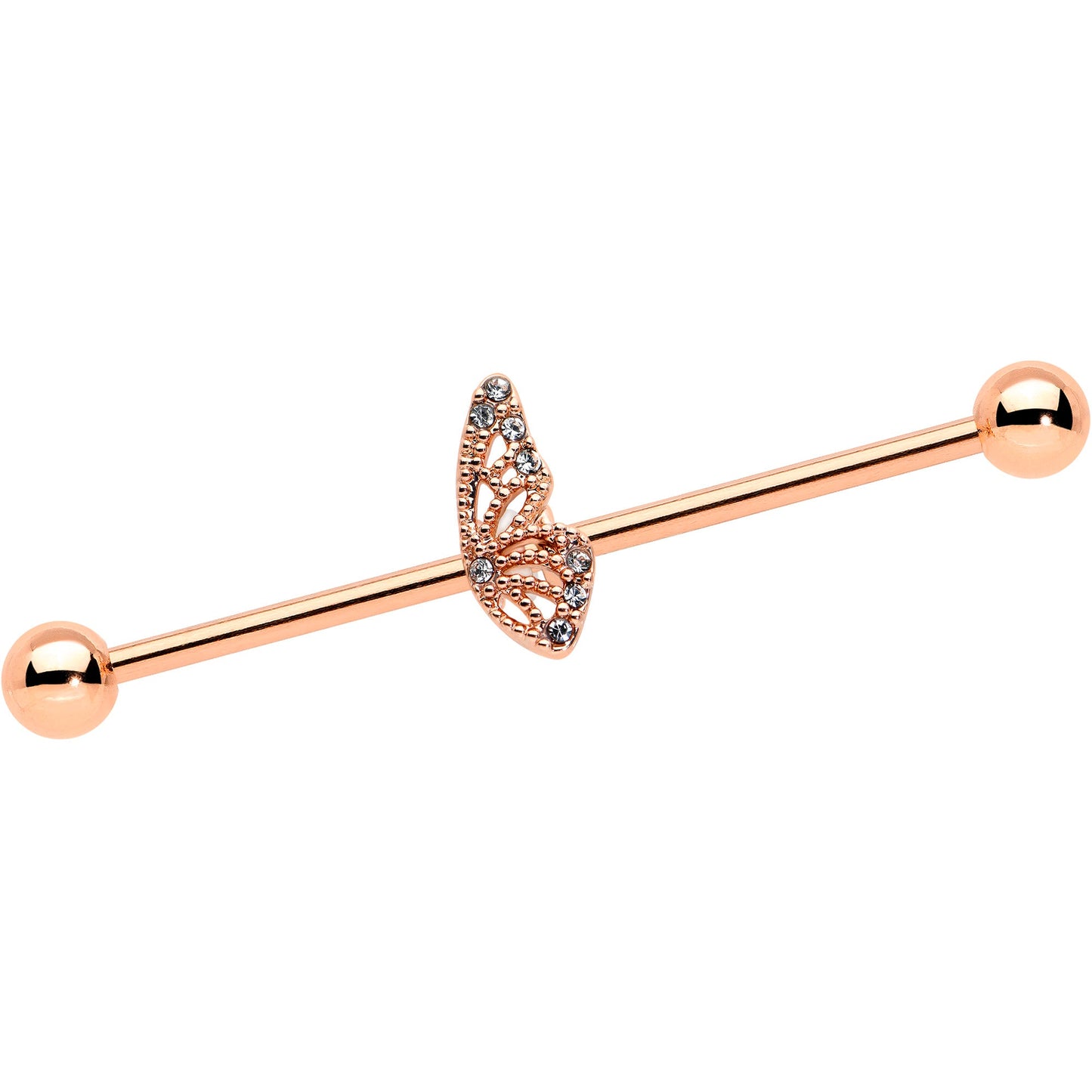14G Clear Gem Rose Gold Tone Texture Wing Industrial Barbell 38mm