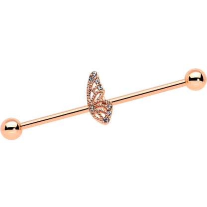 14G Clear Gem Rose Gold Tone Texture Wing Industrial Barbell 38mm