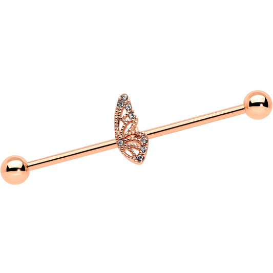 14G Clear Gem Rose Gold Tone Texture Wing Industrial Barbell 38mm