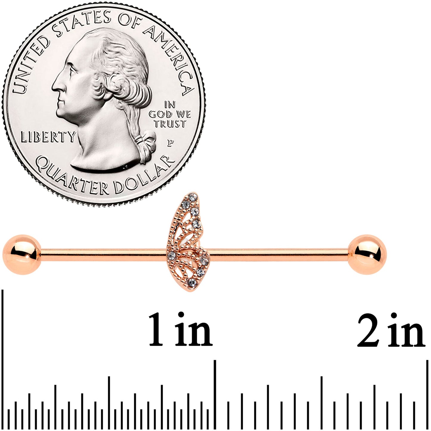 14G Clear Gem Rose Gold Tone Texture Wing Industrial Barbell 38mm