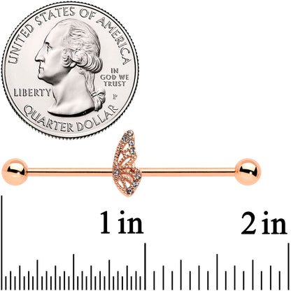 14G Clear Gem Rose Gold Tone Texture Wing Industrial Barbell 38mm