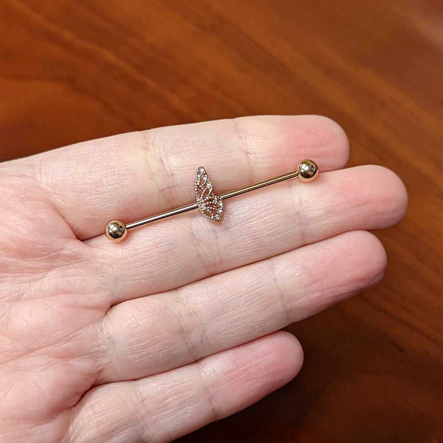 14G Clear Gem Rose Gold Tone Texture Wing Industrial Barbell 38mm