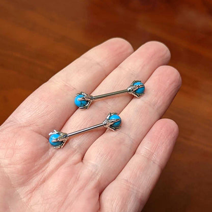 14G 5/8 Blue Turquoise Skeleton Hand Halloween Nipple Ring Set