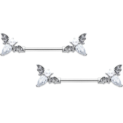 14G 9/16 Clear Gem Flying Bats Halloween Barbell Nipple Ring Set