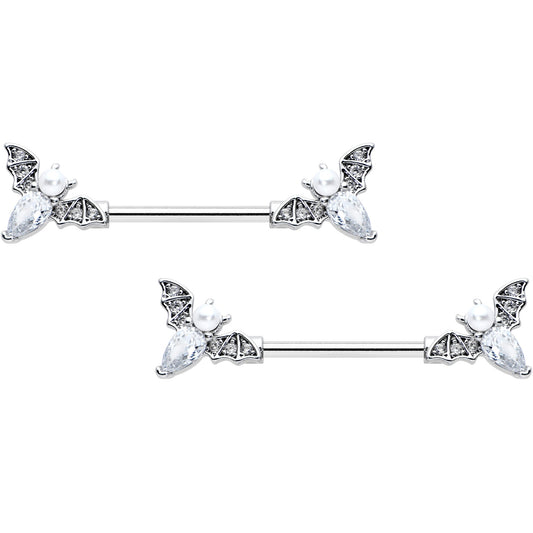 14G 9/16 Clear Gem Flying Bats Halloween Barbell Nipple Ring Set