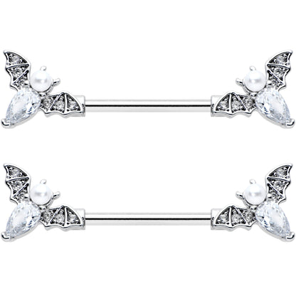 14G 9/16 Clear Gem Flying Bats Halloween Barbell Nipple Ring Set