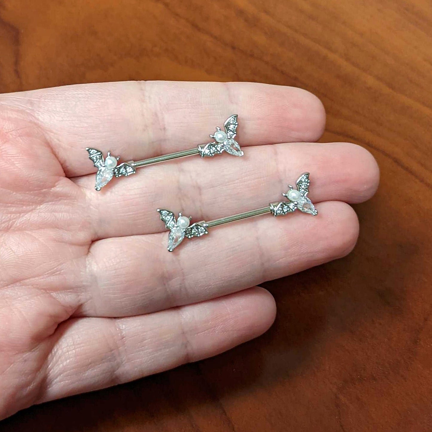 14G 9/16 Clear Gem Flying Bats Halloween Barbell Nipple Ring Set