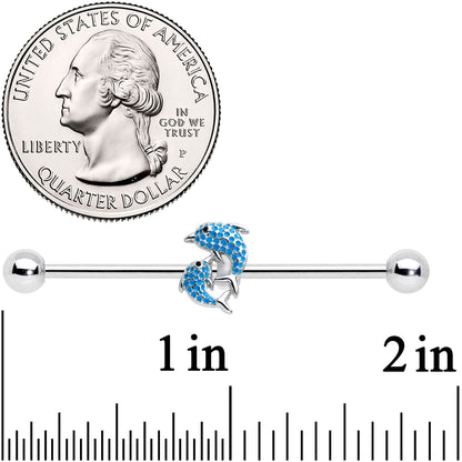 14G Black Gem Leaping Blue Dolphins Industrial Barbell 38mm