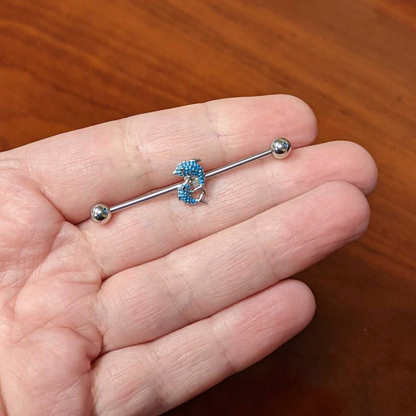 14G Black Gem Leaping Blue Dolphins Industrial Barbell 38mm