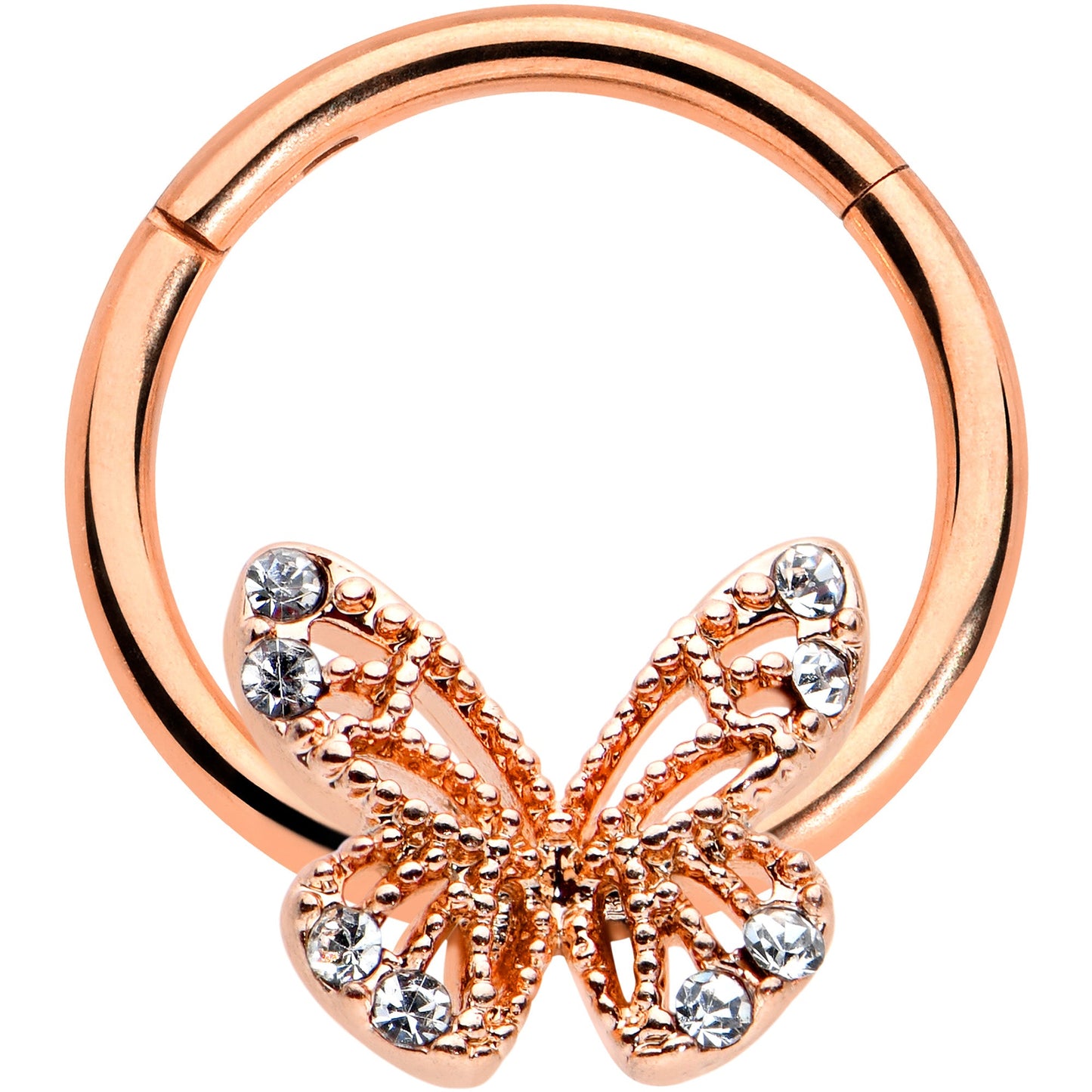 16G 3/8 Clear Gem Rose Gold Hue Air Butterfly Hinged Segment Ring