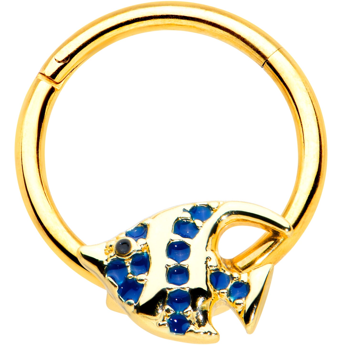 16G 3/8 Blue Gem Gold Tone Adorable Angelfish Hinged Segment Ring