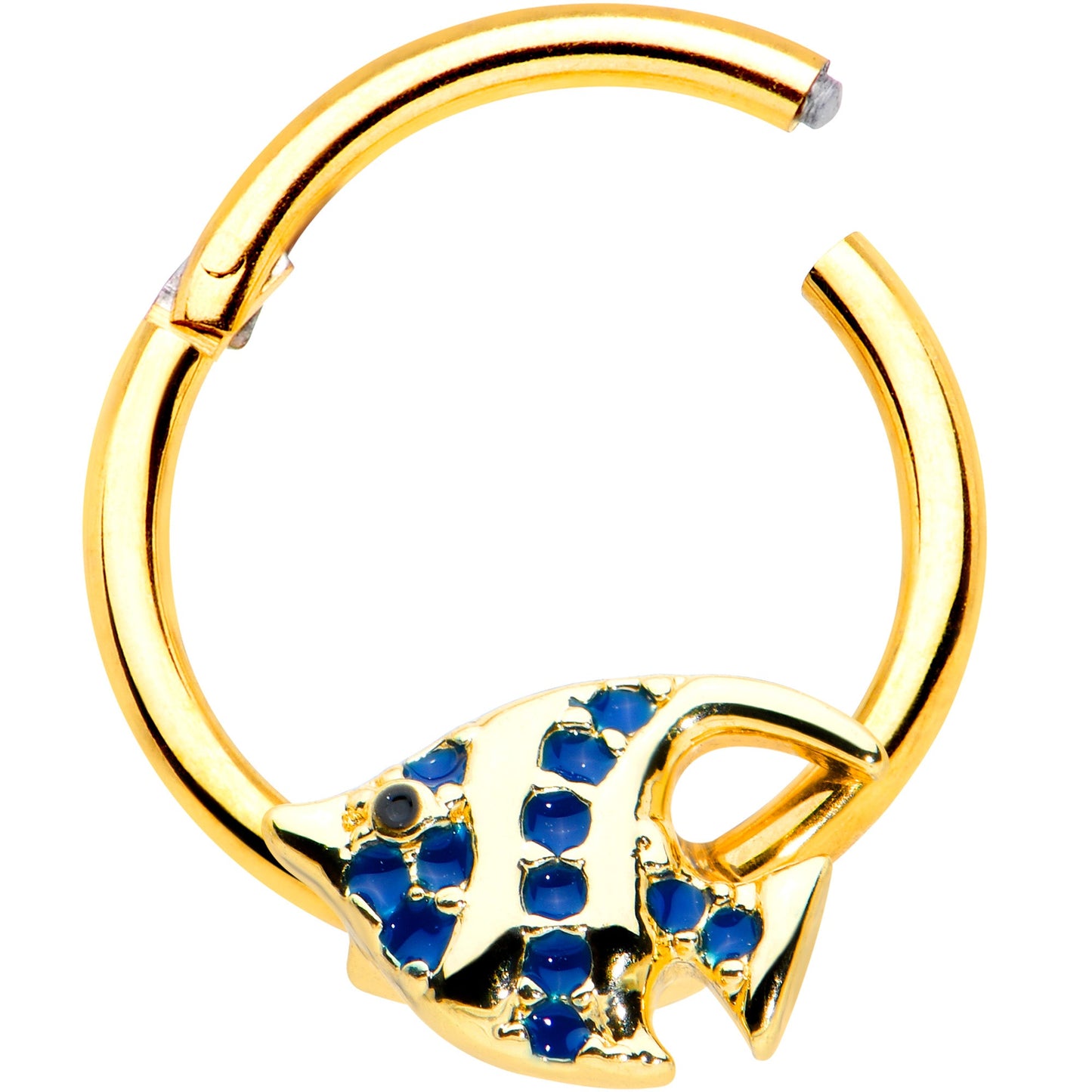 16G 3/8 Blue Gem Gold Tone Adorable Angelfish Hinged Segment Ring
