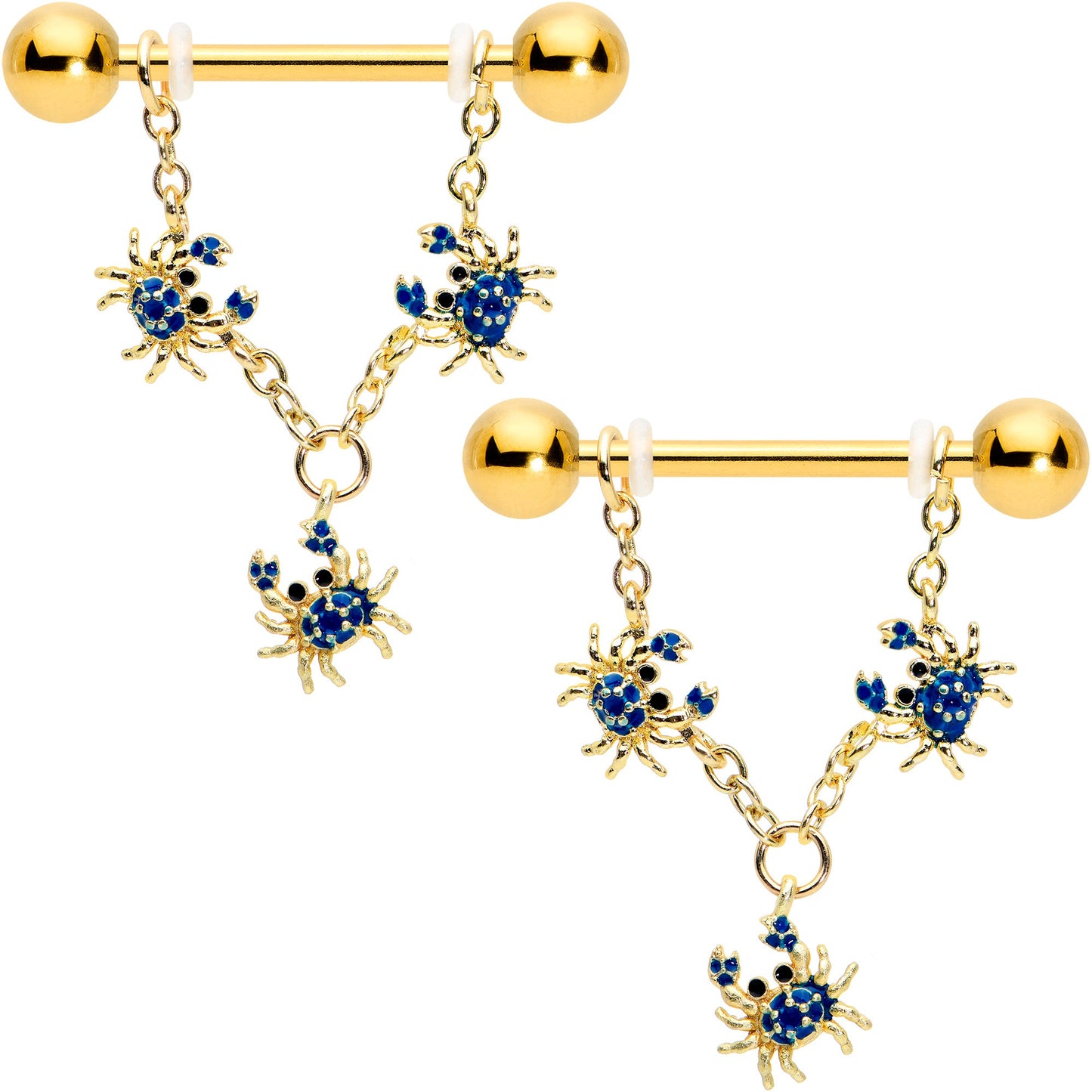 14G 9/16 Black Gem Gold Tone Blue Crab Dangle Nipple Ring Set
