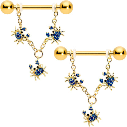 14G 9/16 Black Gem Gold Tone Blue Crab Dangle Nipple Ring Set